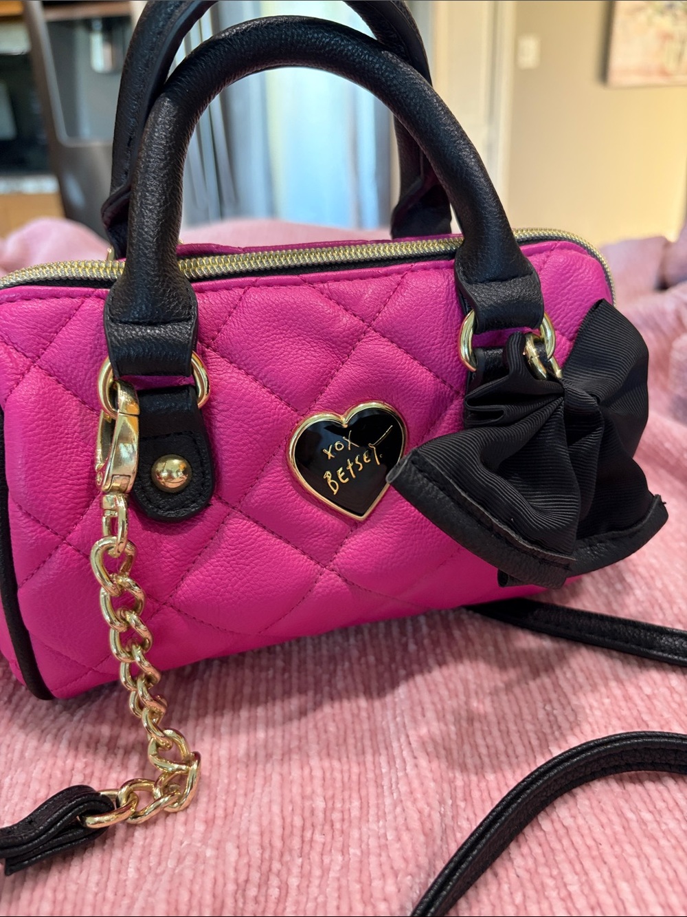 Betsey Johnson Hot Pink Quilted Mini Satchel with Black Trim
